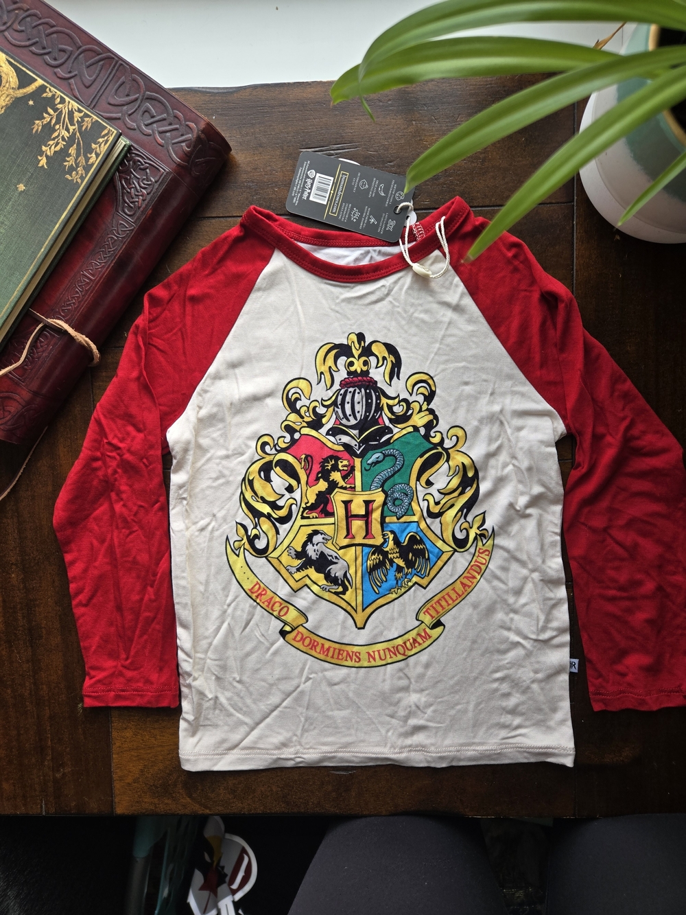 Kids Red & White Hogwarts Crest Raglan Tee